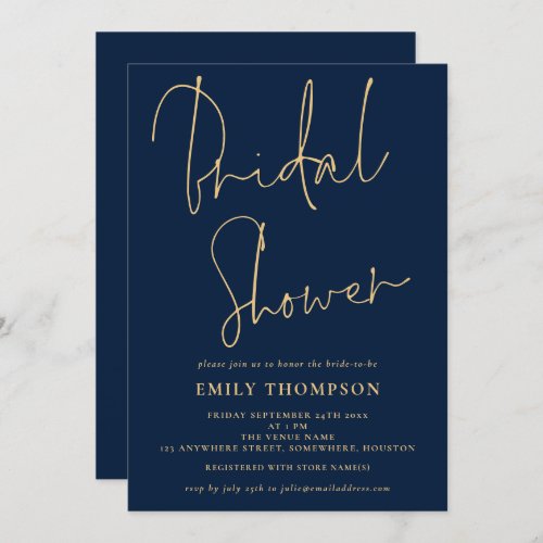 Elegant Script Navy Blue Gold Bridal Shower  Invitation