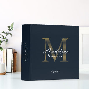 Elegant Script Navy Blue Gold Monogram Recipe 3 Ring Binder