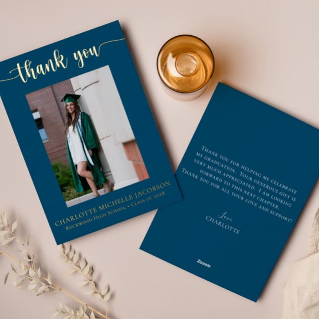 Elegant Script Navy Blue Gold Photo Graduation Foil Invitation (Creator Uploaded)