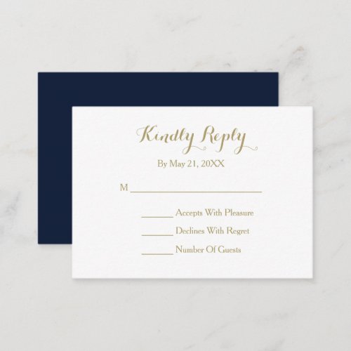 Elegant Script Navy Blue Gold White RSVP Card