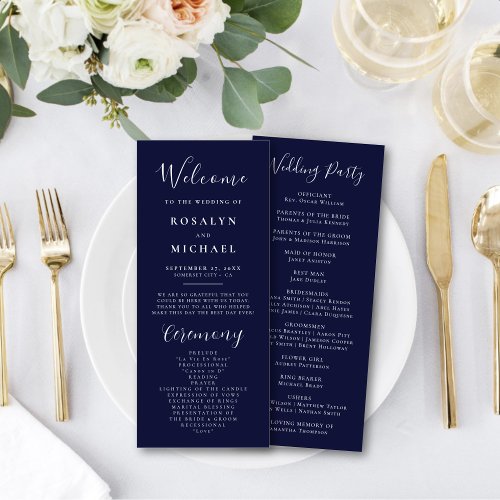 Elegant Script Navy Blue Modern Minimalist Wedding Program