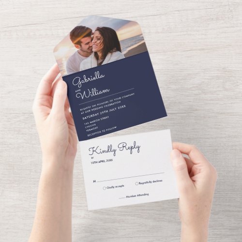 Elegant Script Navy Blue Monogram Photo Wedding All In One Invitation