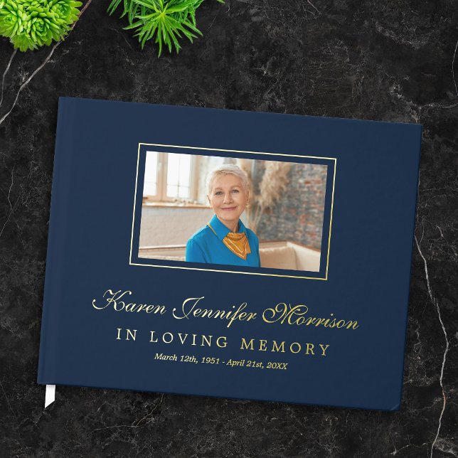Elegant Script Navy Blue Photo In Loving Memory Foil Guest Book (Creator Uploaded)