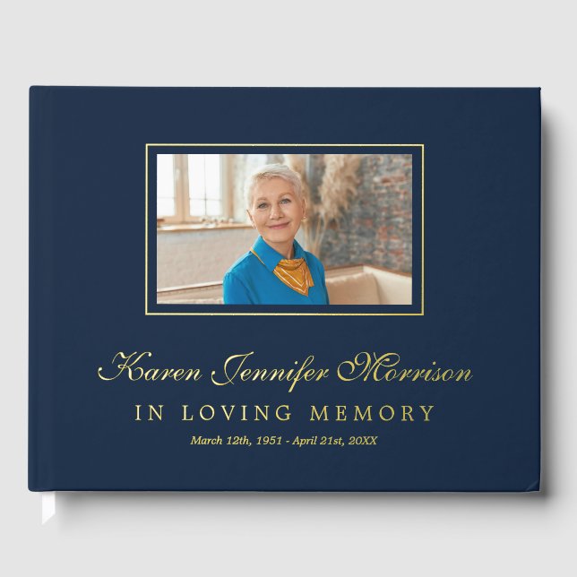Elegant Script Navy Blue Photo In Loving Memory Foil Guest Book (Front)