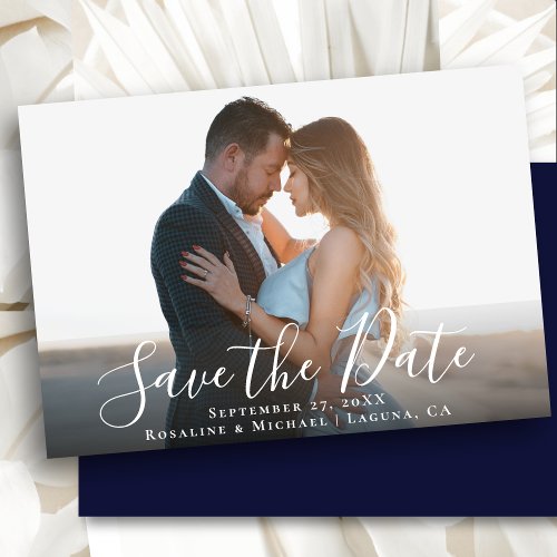 Elegant Script Navy Blue Photo Minimalist Wedding Save The Date