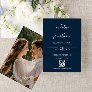 Elegant Script Navy Blue Photo QR Code Wedding  Invitation