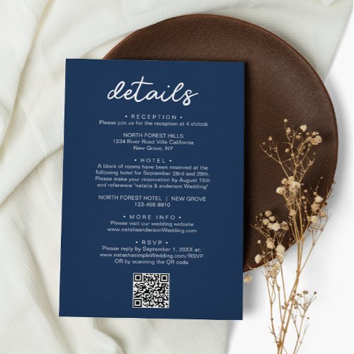Elegant Script Navy Blue QR Code Wedding Details Enclosure Card
