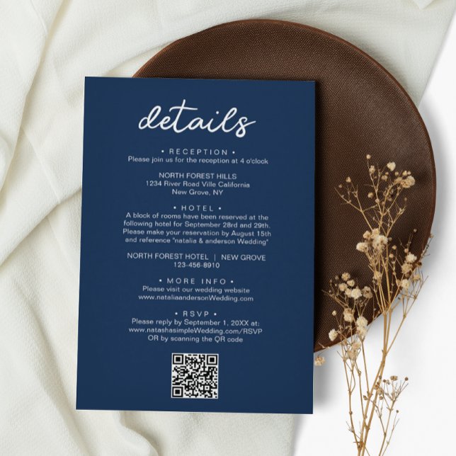 Elegant Script Navy Blue QR Code Wedding Details Enclosure Card (Creator Uploaded)