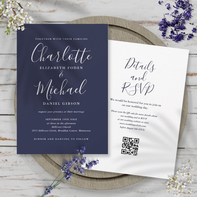 Elegant Script Navy Blue QR Code Wedding Invitation (Elegant Script Navy Blue QR Code Wedding Invitation)