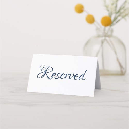 Elegant script navy blue Reserved text Wedding Place Card