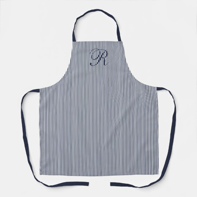 Elegant Script Navy Blue Stripe Classic Monogram Apron (Front)