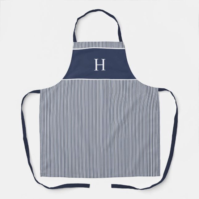 Elegant Script Navy Blue Stripe Monogram Apron (Front)