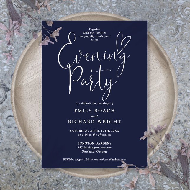 Elegant Script Navy Blue Wedding Evening Party Invitation (Elegant Script Navy Blue Wedding Evening Party Invitation)