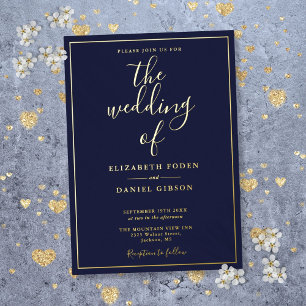 Elegant Script Navy Blue Wedding Gold Foil Invitation