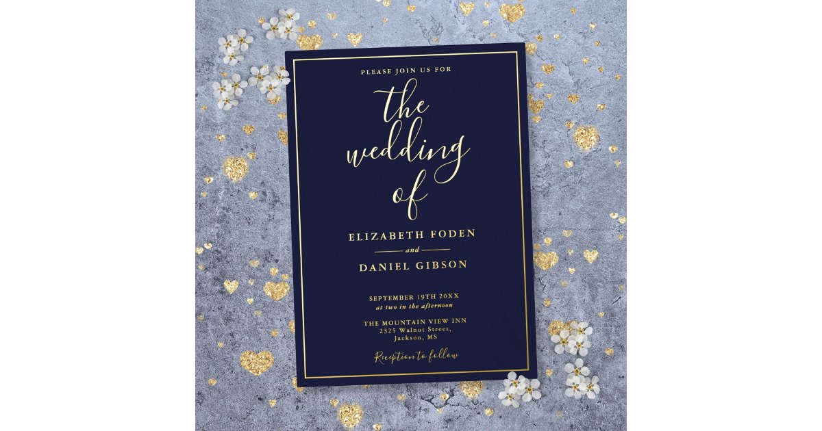 Elegant Script Navy Blue Wedding Gold Foil Invitation | Zazzle