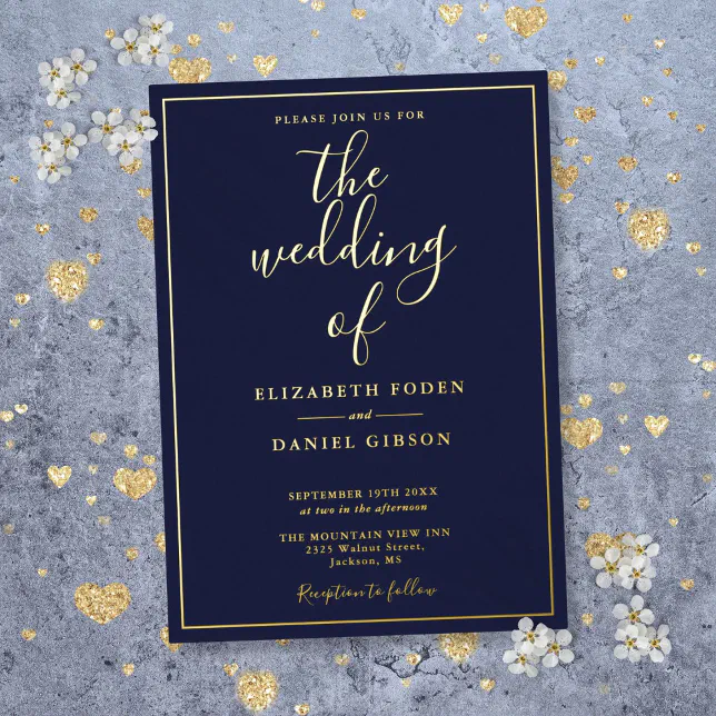 Elegant Script Navy Blue Wedding Gold Foil Invitation | Zazzle