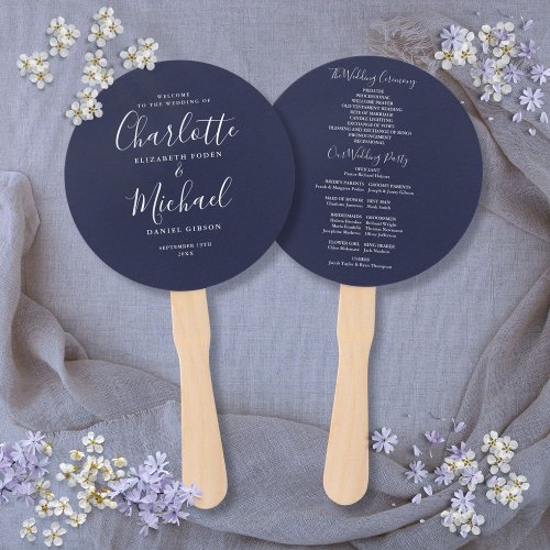 Elegant Script Navy Blue Wedding Program Round Hand Fan