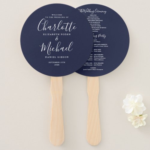 Elegant Script Navy Blue Wedding Program Round Hand Fan