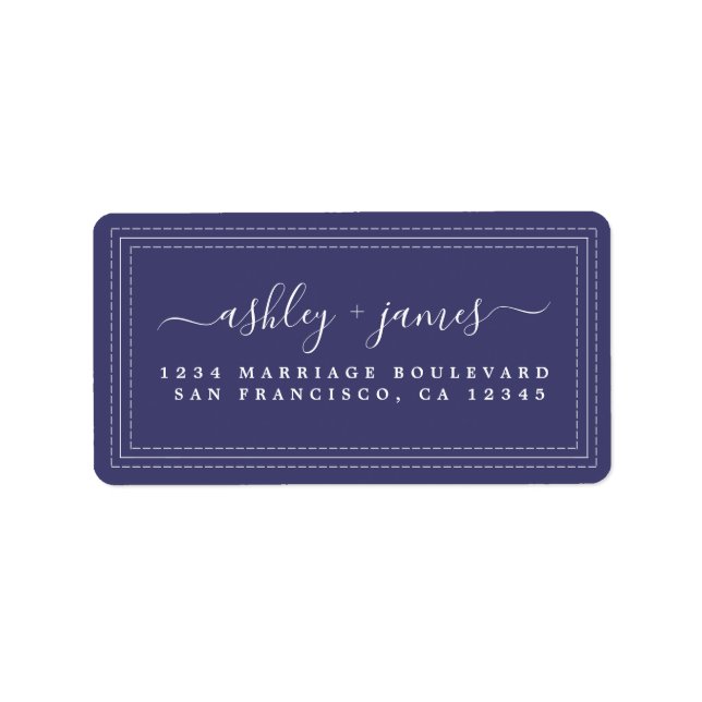 Elegant Script Navy Blue Wedding Return Address Label (Front)