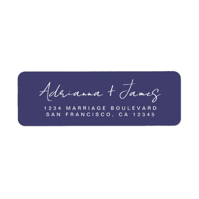 Elegant Script Navy Blue Wedding Return Address Label (Front)