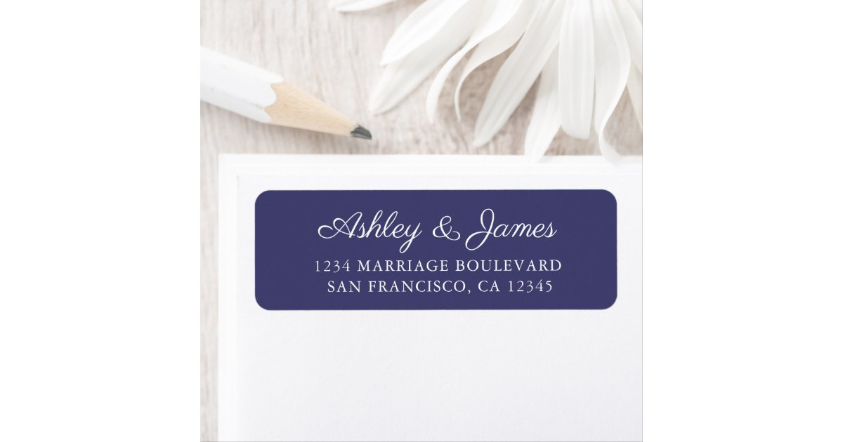 Elegant Script Navy Blue Wedding Return Address Label | Zazzle