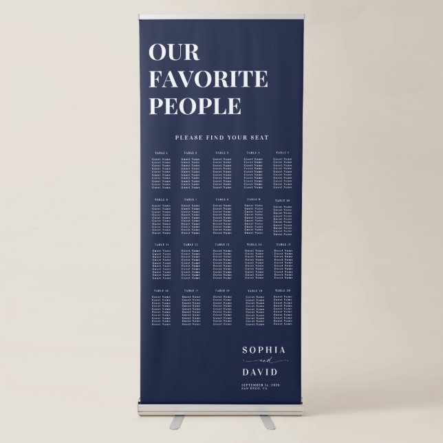 Elegant Script Navy Blue Wedding Seating Chart Retractable Banner (Front)