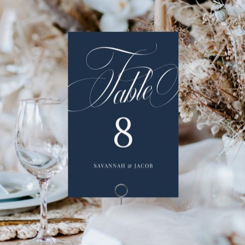 Elegant Script Navy Blue Wedding  Table Number