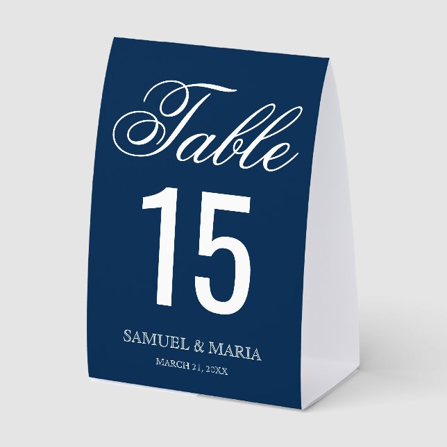 Elegant Script Navy Blue Wedding Table Number Paper Table Tent (Front)