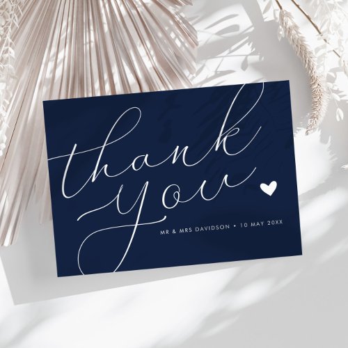 elegant script navy blue wedding thank you card
