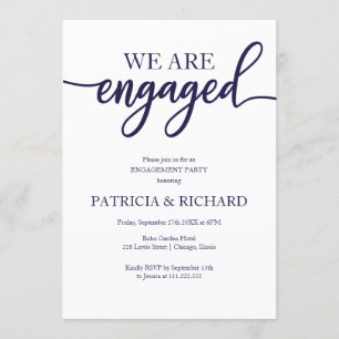 Elegant Script Navy Blue White Engagement Party Invitation