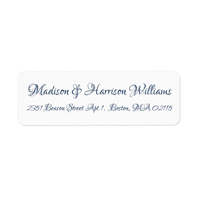 Elegant Script navy blue white return address Label (Front)