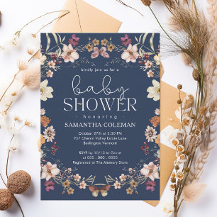 Elegant Script Navy Blue Wildflower Baby Shower Invitation