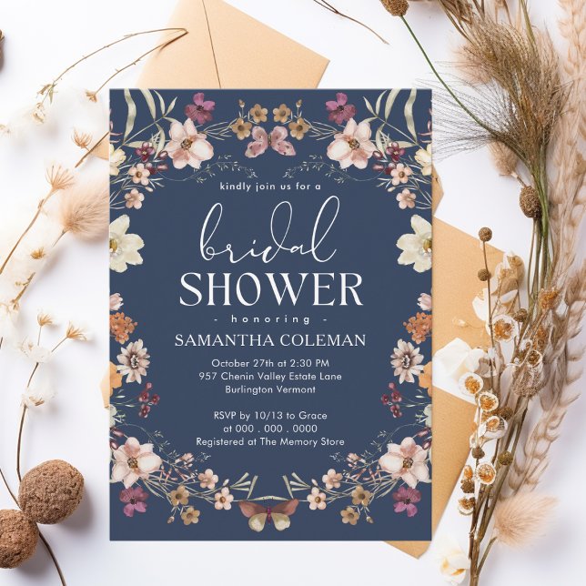 Elegant Script Navy Blue Wildflower Bridal Shower Invitation (Creator Uploaded)