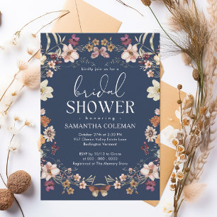 Elegant Script Navy Blue Wildflower Bridal Shower Invitation