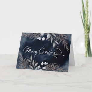 Elegant Script Navy Blue Winter Foliage Christmas Holiday Card