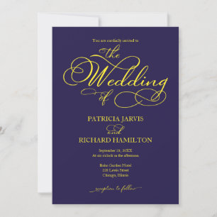 Elegant Script Navy Blue Yellow Wedding Invitation