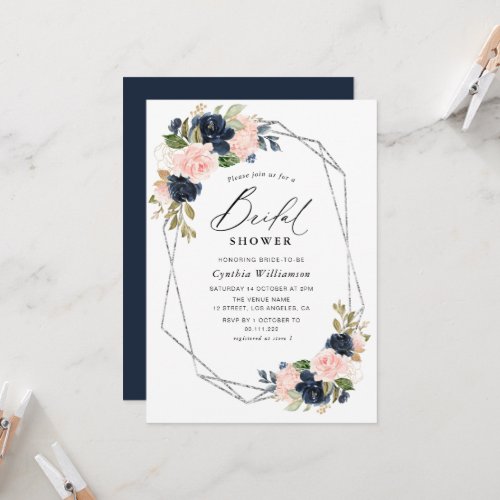 elegant script navy  blush floral bridal shower invitation