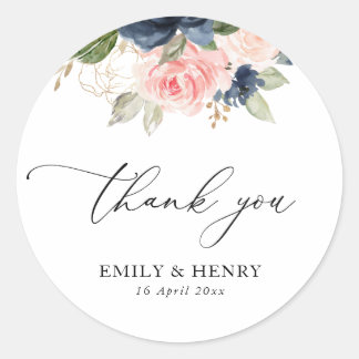 Elegant script navy blush floral wedding thank you classic round sticker