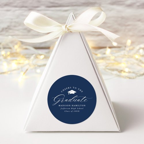 Elegant Script Navy Cheers to the Graduate Classic Round Sticker