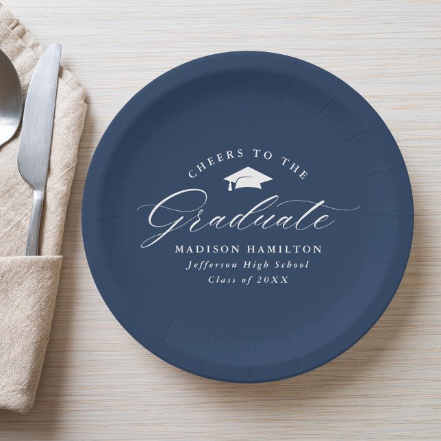 Elegant Script Navy Cheers to the Graduate Paper Plates (Creator Uploaded)