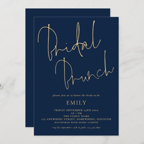 Elegant Script Navy Gold Bridal Shower Brunch Invitation