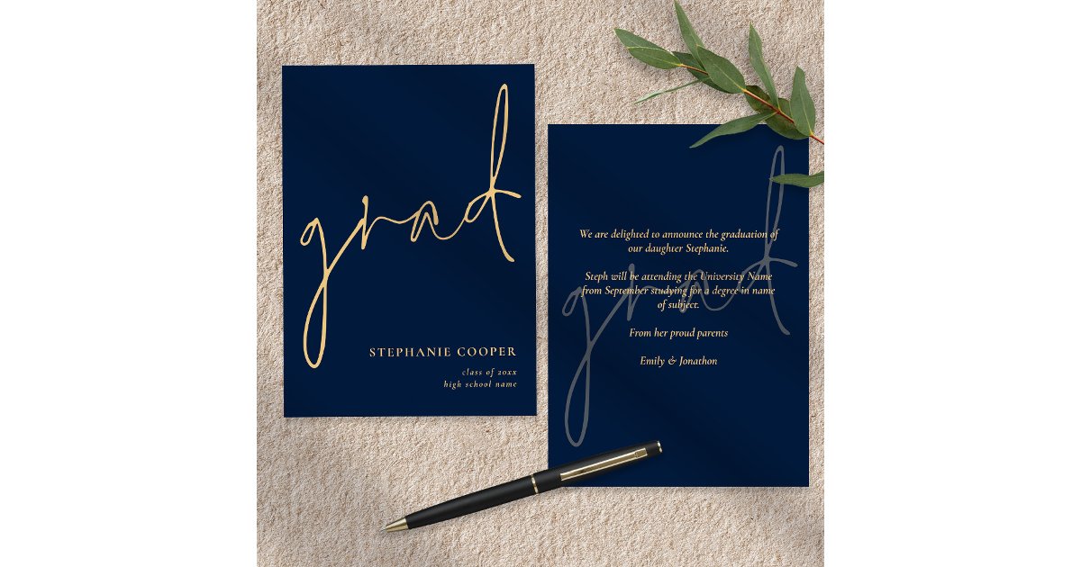 Elegant Script Navy Gold Graduation Announcement | Zazzle