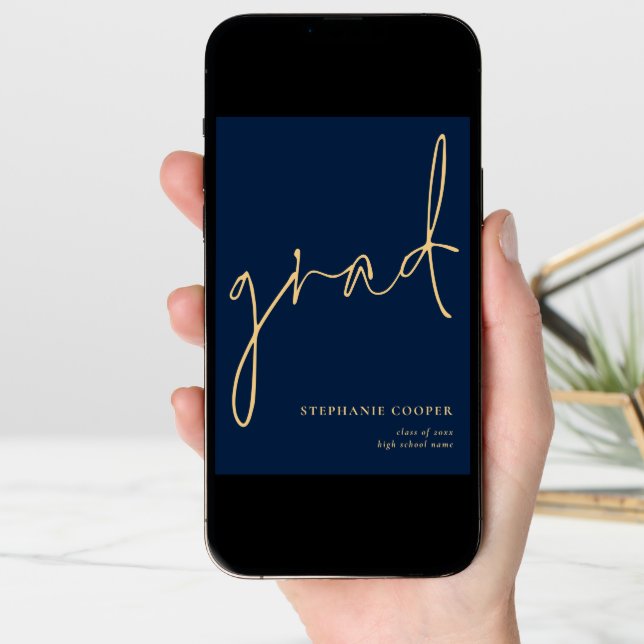 Elegant Script Navy Gold Graduation  Announcement (Front Digital)