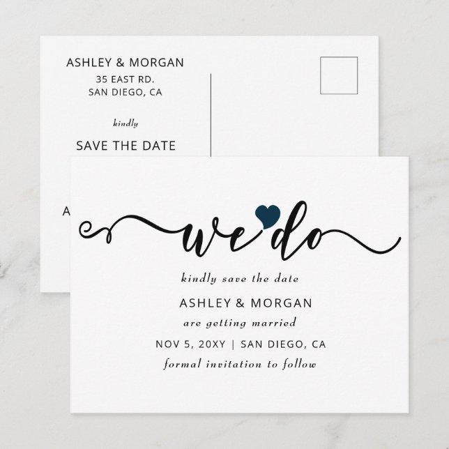 Elegant Script Navy Heart We Do Save the Date Announcement Postcard (Front/Back)