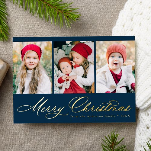 Elegant Script Navy Merry Christmas 3 Photo Foil Holiday Card