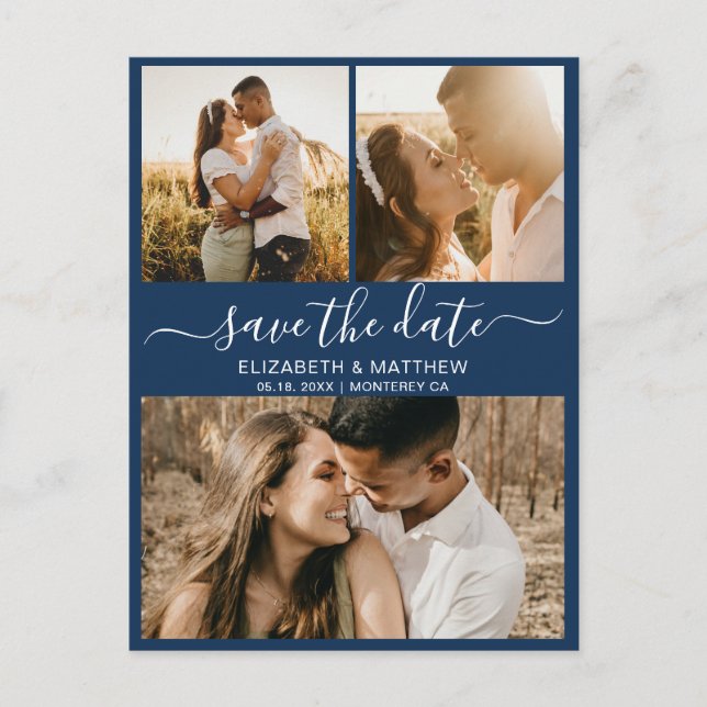 Elegant Script Navy Photo Budget Save The Date Announcement Postcard (Front)