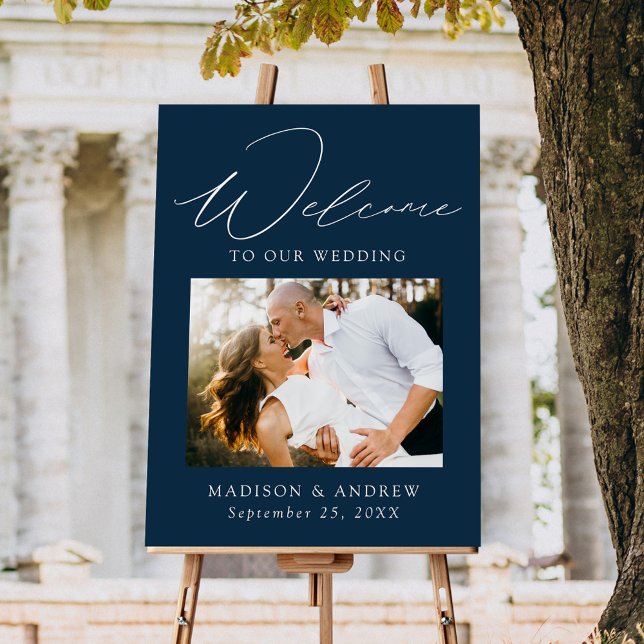 Elegant Script Navy Photo Wedding Welcome Sign (Creator Uploaded)