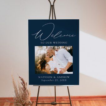 Elegant Script Navy Photo Wedding Welcome Sign | Zazzle