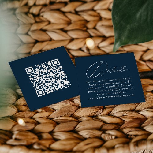 Elegant Script Navy QR Code Wedding Details Enclosure Card