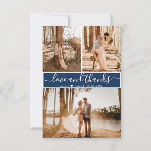 Elegant Script Navy Wedding 3 Photo Collage Thank You Card